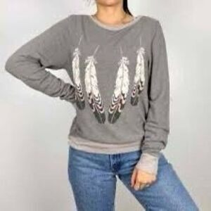 Wild Fox Gray Feather Graphic Print Oversized Pullover Sweatshirt Size XS